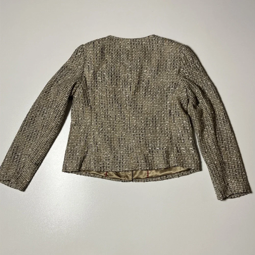 Talbots Tweed Jacket Size 12 Brown & Metallic Woven Full Zip Lined Career Blazer